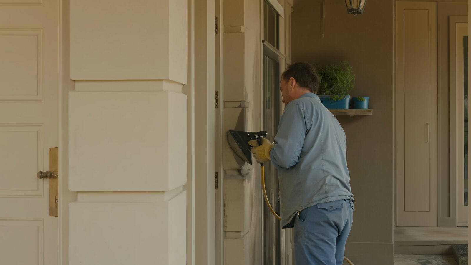 Restoration technician illustrating: Abrasive cleaning methods for soot on framing and masonry