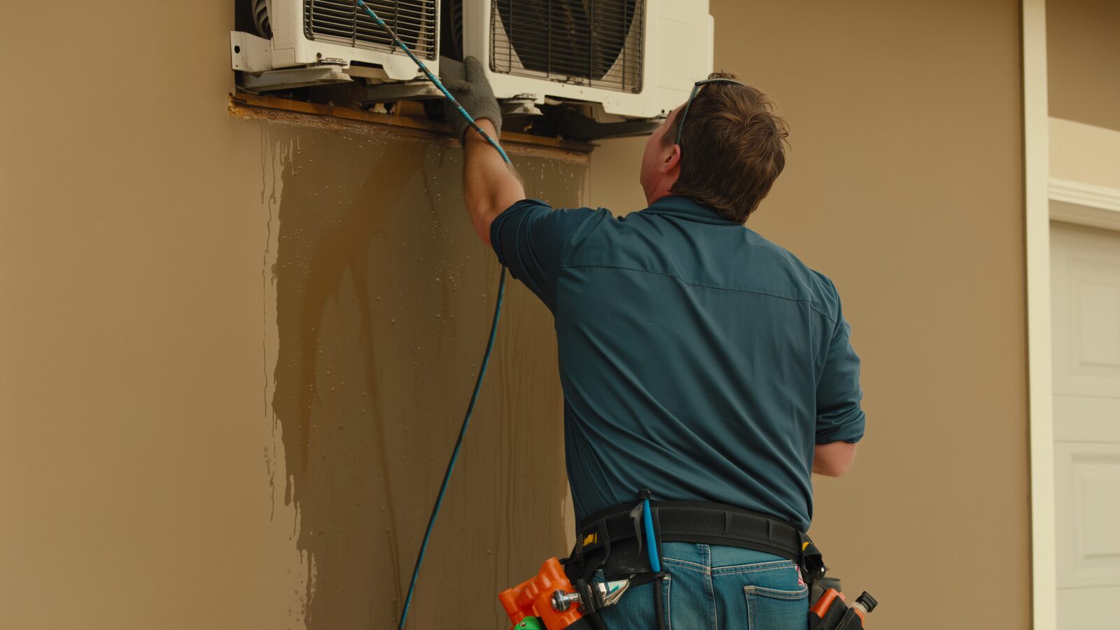 Restoration technician illustrating: AC condensate line clogs, a very Arizona-specific water damage cause tied to summer AC use