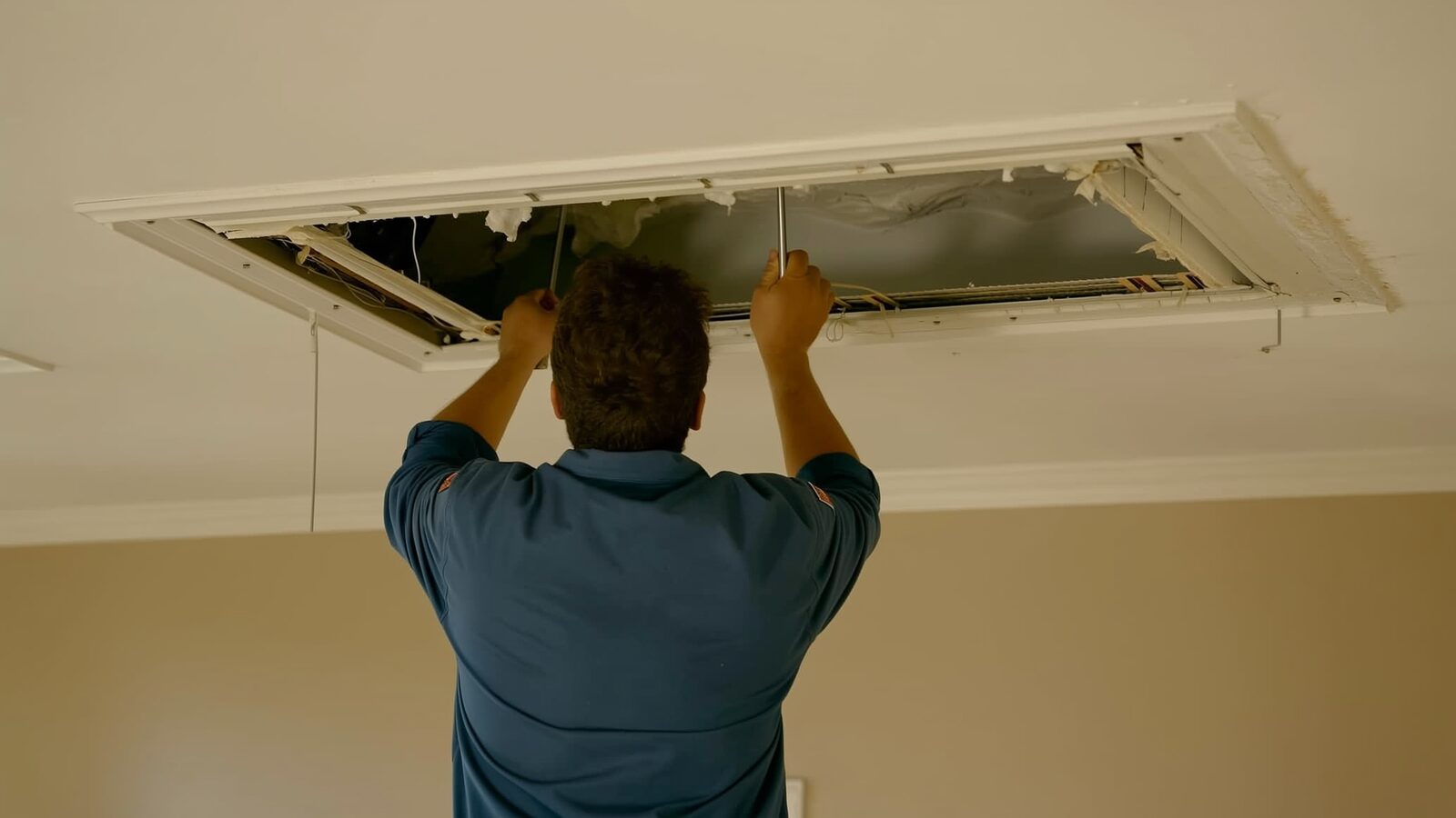 Restoration technician illustrating: Attic mounted HVAC condensate overflow and the ceiling damage it causes
