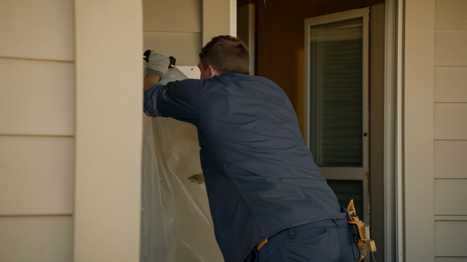 Restoration technician performing fire damage restoration work at a property in Avondale, Arizona