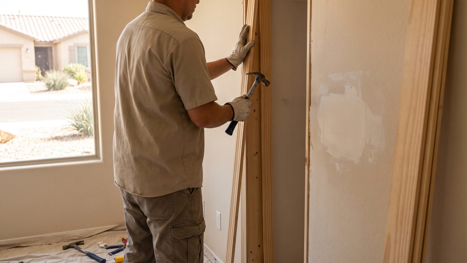 Technician seen from behind nailing new casing into a repaired doorway, with a fresh drywall patch feathered into the wall alongside