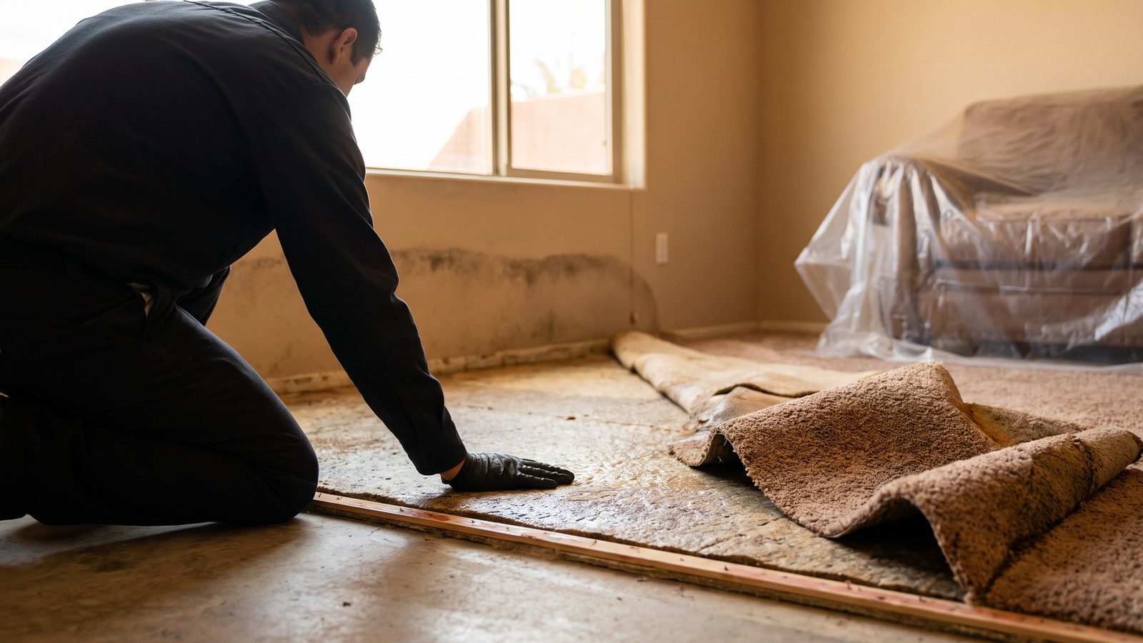 Technician kneeling with a gloved hand on damp slab where soaked carpet and padding have been peeled back from the tack strip, with a dark moisture line staining the wall behind