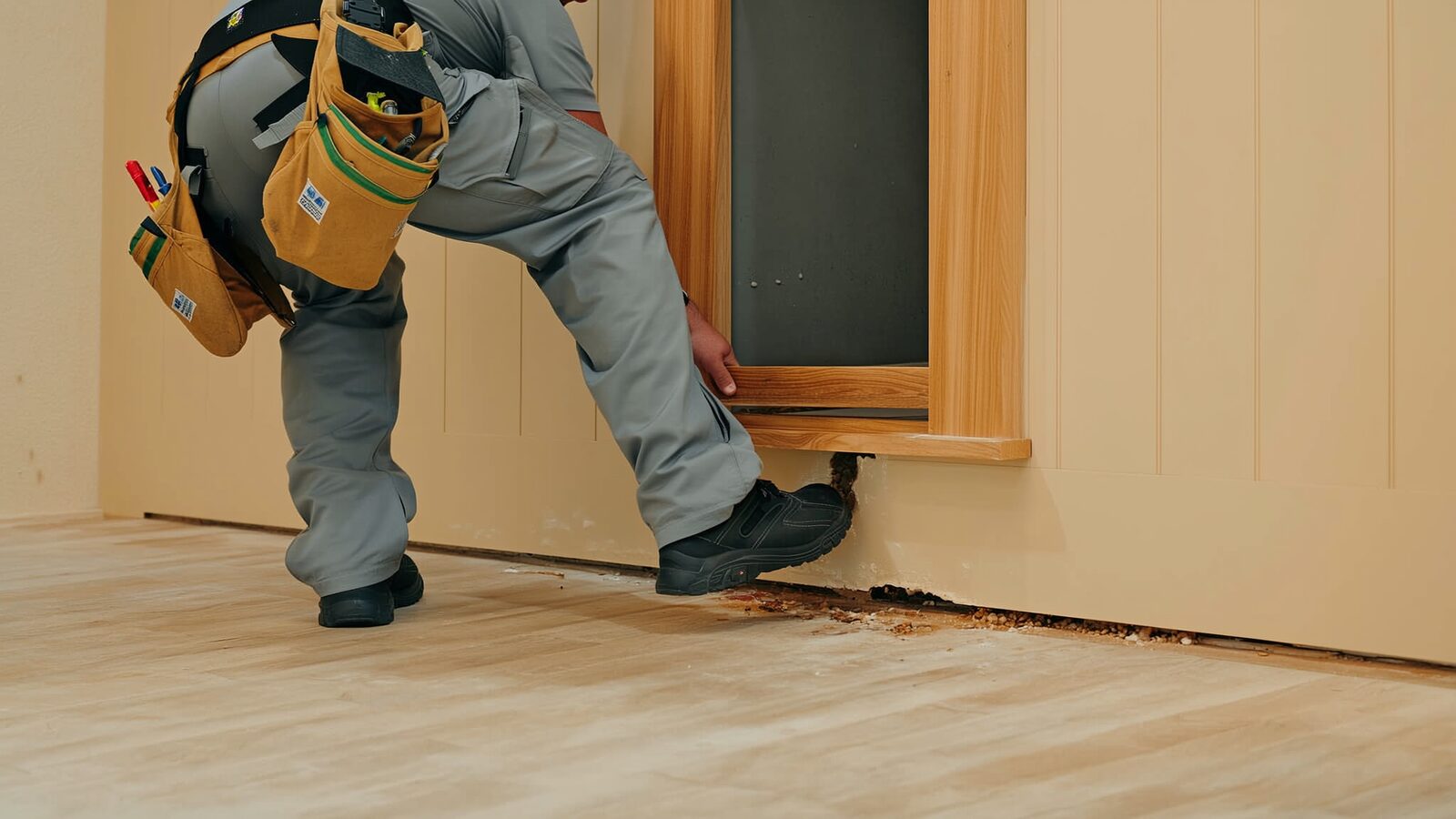 Restoration technician illustrating: Toe kick and cabinet base water damage, and how it is assessed