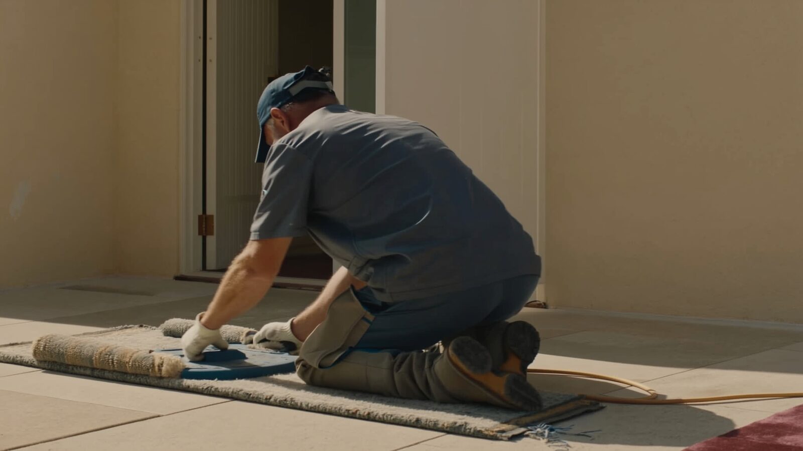 Restoration technician illustrating: Carpet after drying: restretching, cleaning, and when replacement wins