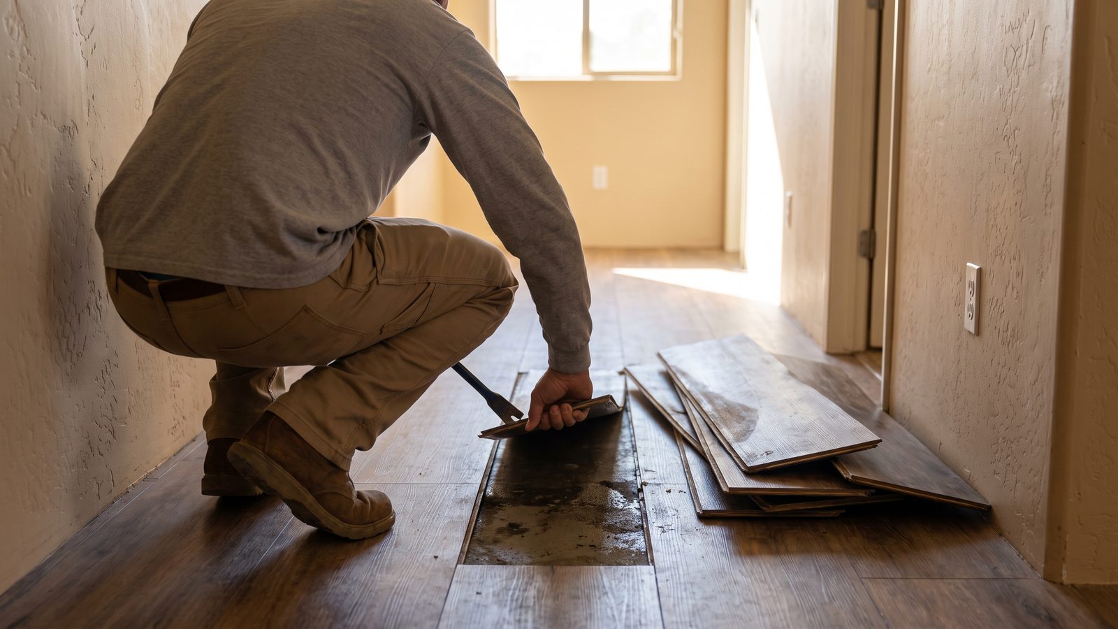 Technician kneeling with his back to the camera to pry up cupped wood-look flooring in a hallway, exposing damp slab beneath, with lifted planks stacked against the wall