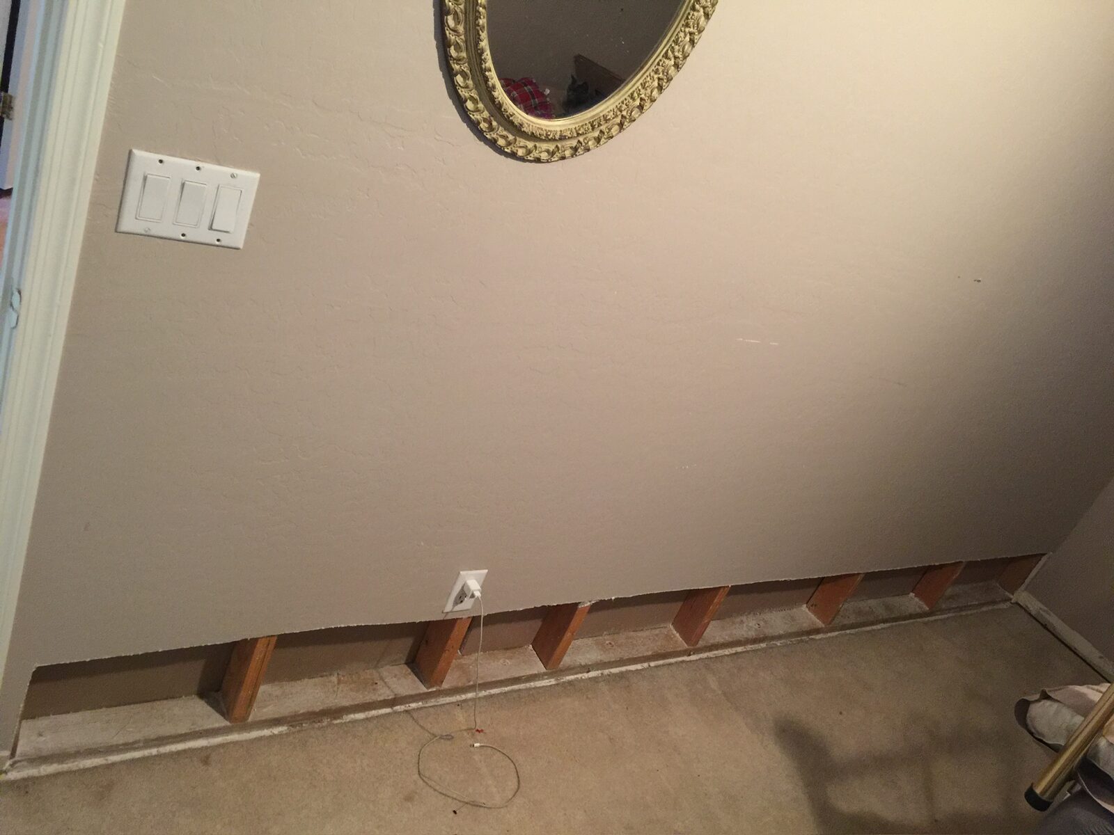 Lower drywall removed exposing wall studs along the base of a carpeted room