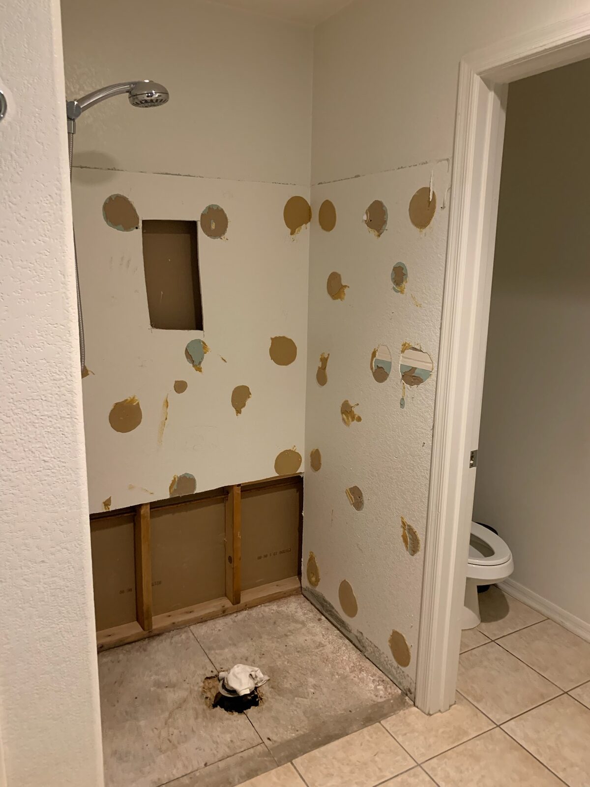 Shower area with pan removed, walls patched and lower framing exposed