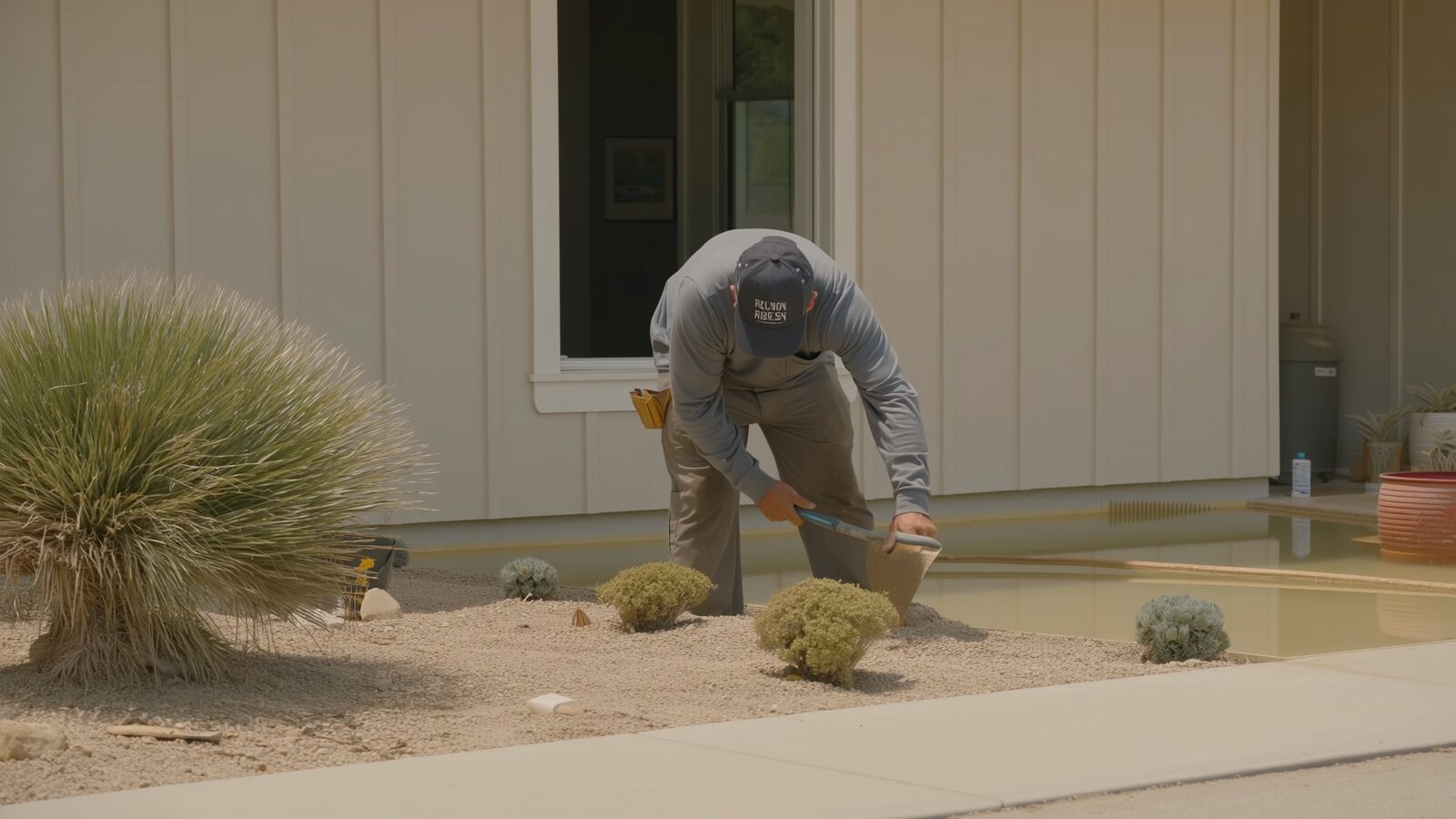 Restoration technician illustrating: Desert landscaping, grading, and keeping water away from the house