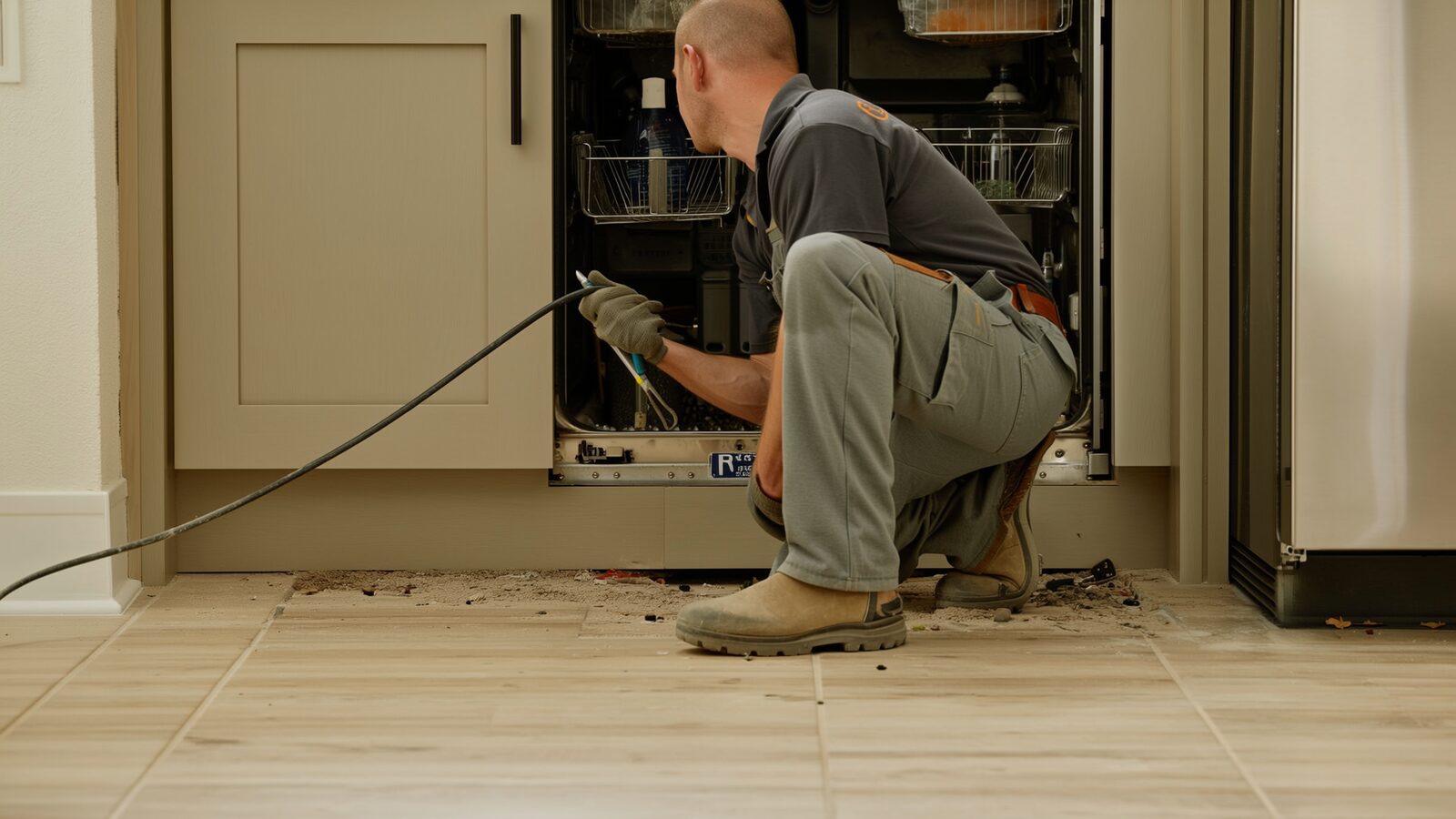 Restoration technician illustrating: Dishwasher leaks and the hidden damage they cause under cabinets and flooring before anyone notices