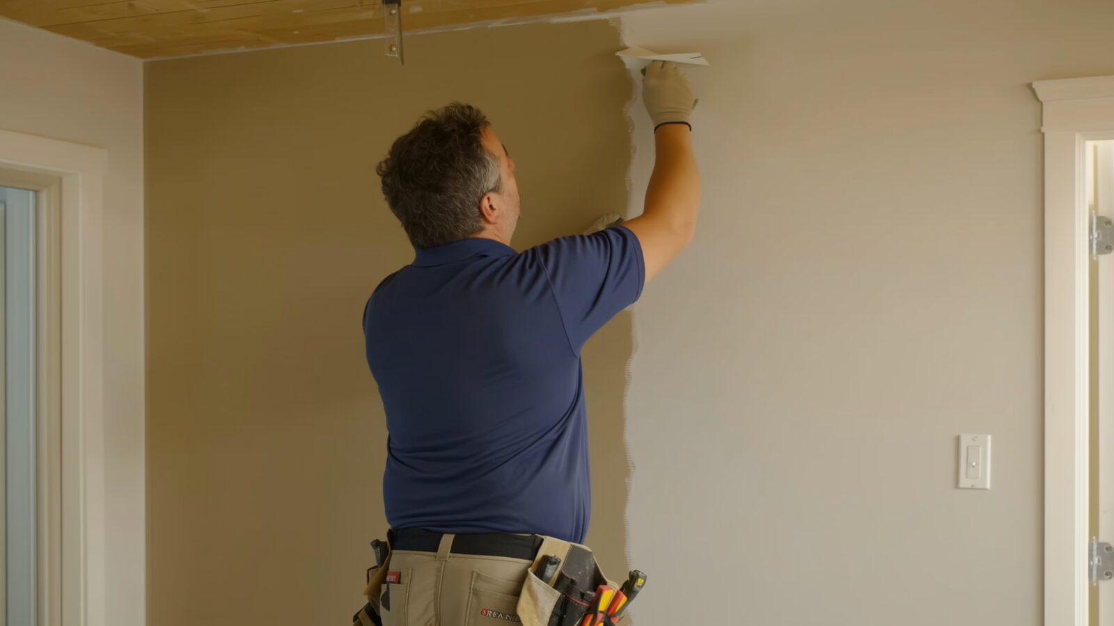 Restoration technician illustrating: Patching drywall versus replacing a whole wall