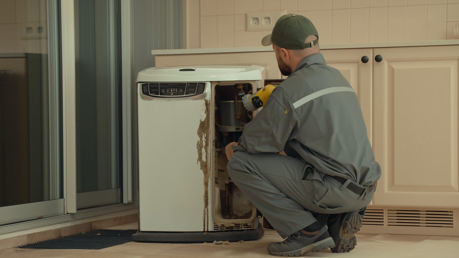 Restoration technician illustrating: A leaking garbage disposal and the cabinet damage it hides
