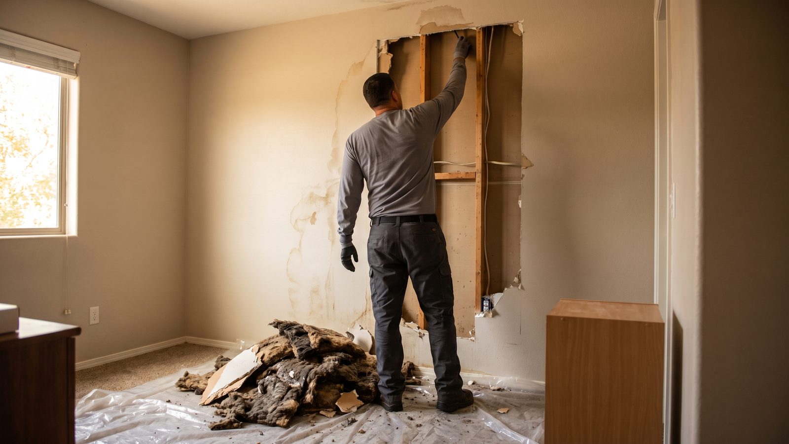 Technician seen from behind cutting back water-stained drywall to expose damp framing in a bedroom, with sodden insulation pulled out into a pile on plastic sheeting