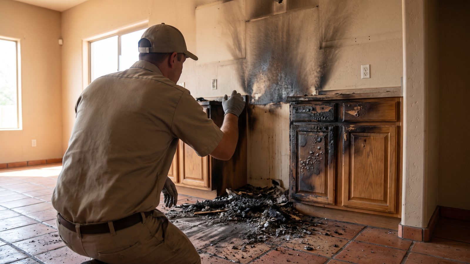 Technician crouching with his back to the camera to examine fire-damaged kitchen cabinetry, with a black soot plume fanning up the wall above the burn and charred debris swept across the tile