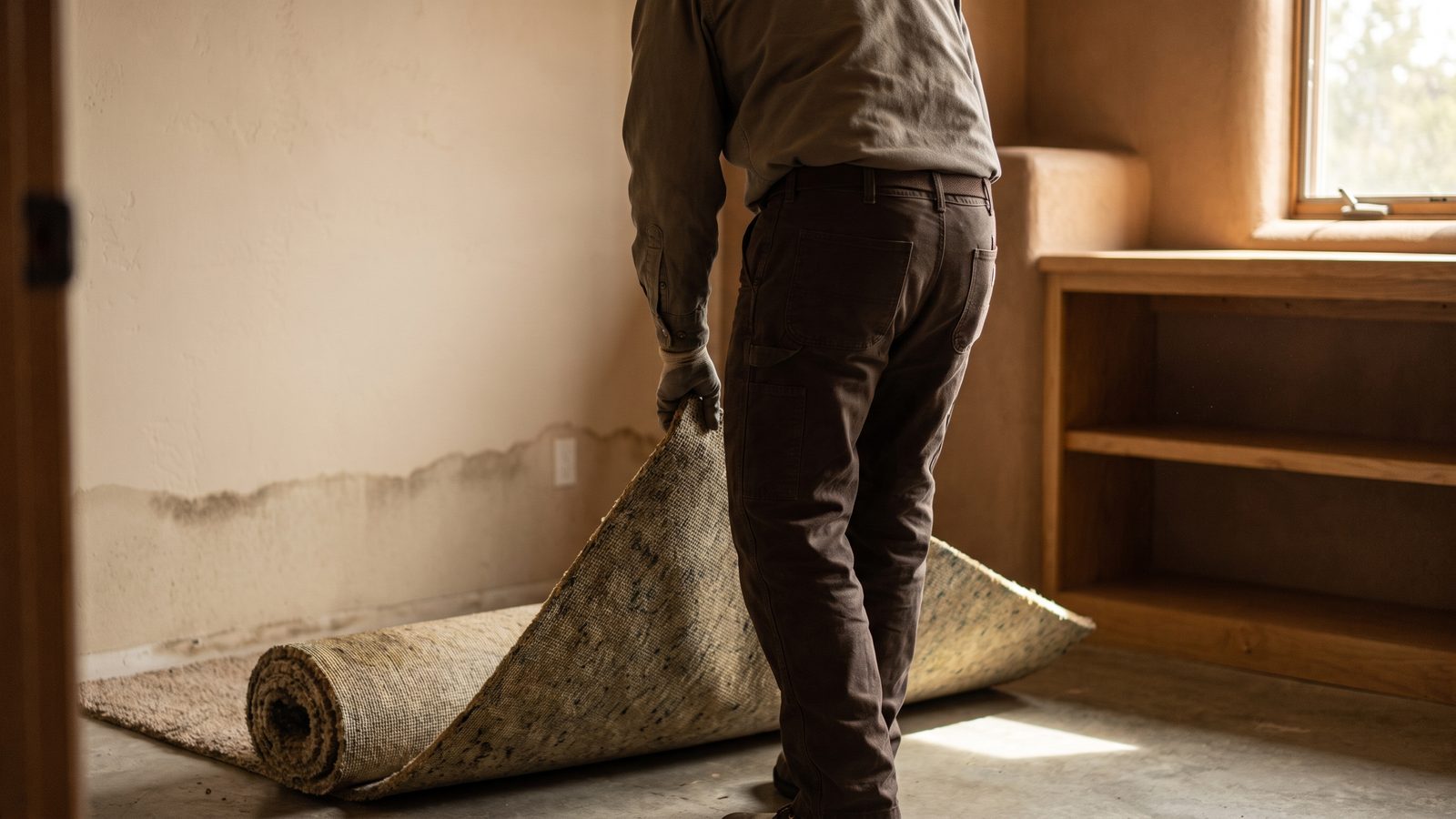Technician seen from behind rolling damp carpet and padding away from the slab, with a dark moisture line staining the wall behind