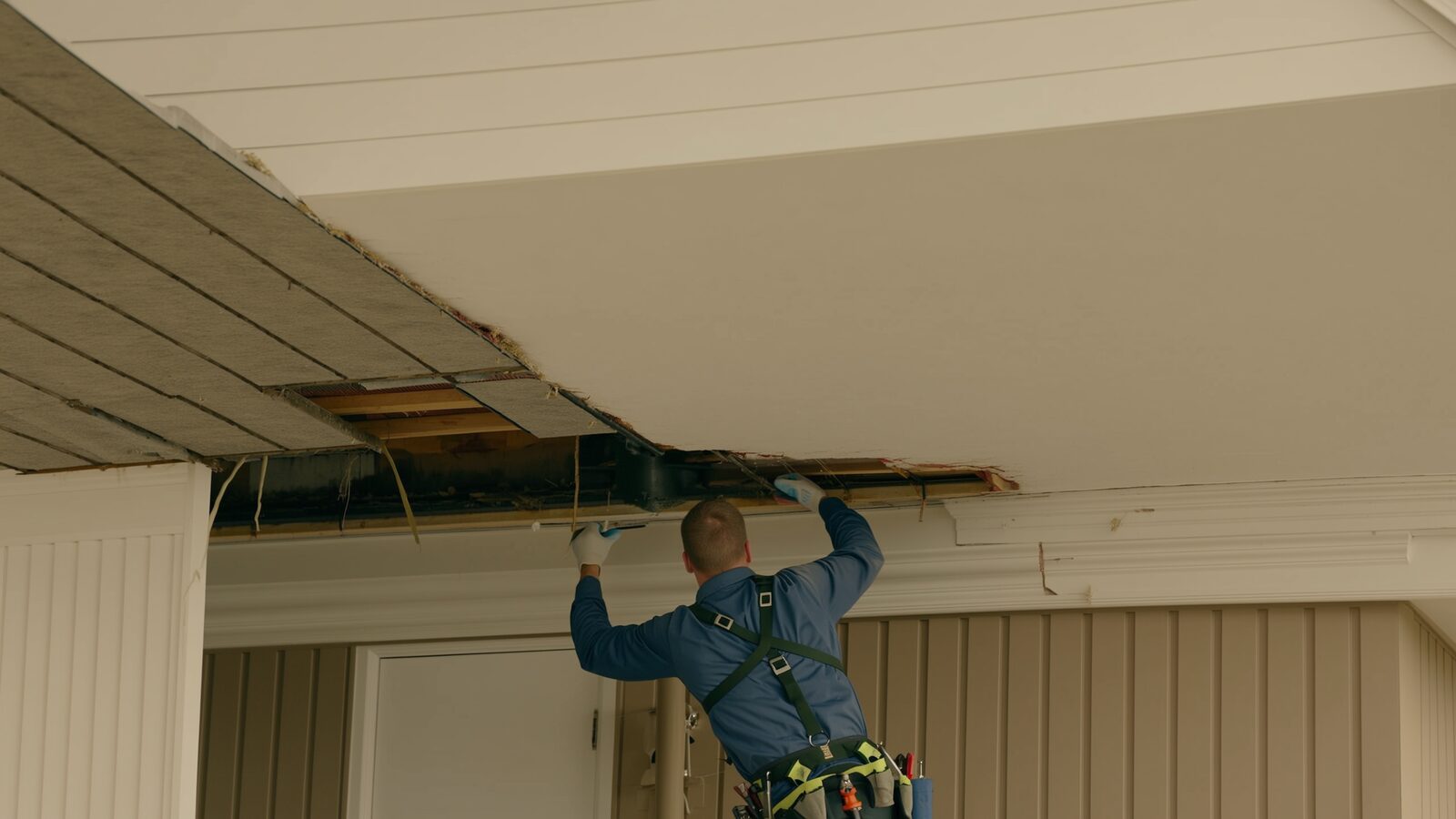 Restoration technician illustrating: How gutter and site drainage failures push water into a home