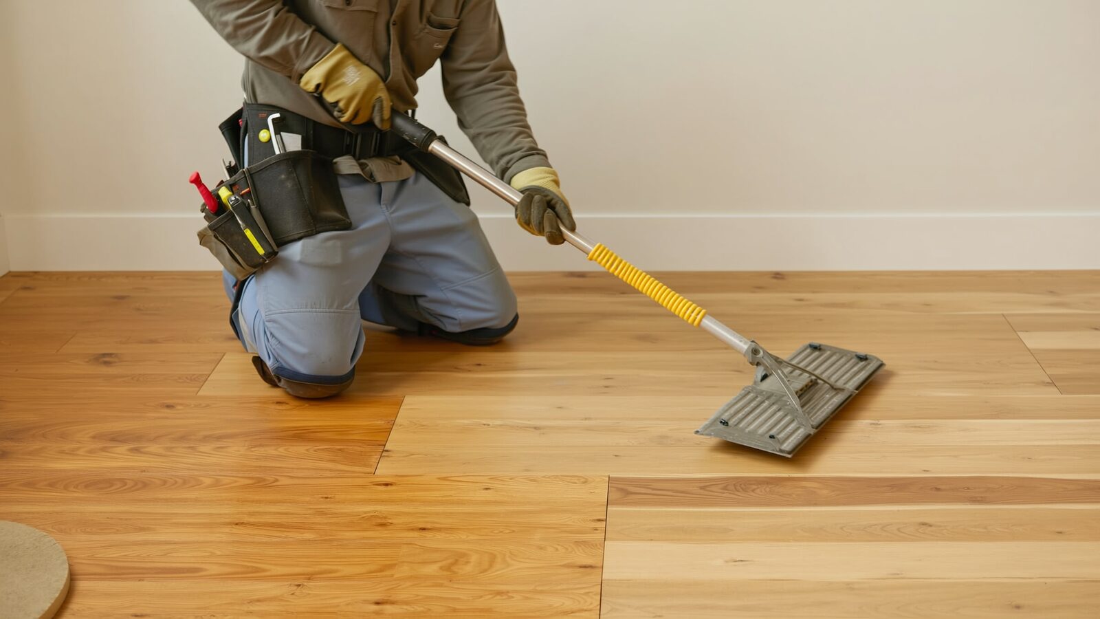 Restoration technician illustrating: Drying hardwood floors in place versus replacing them