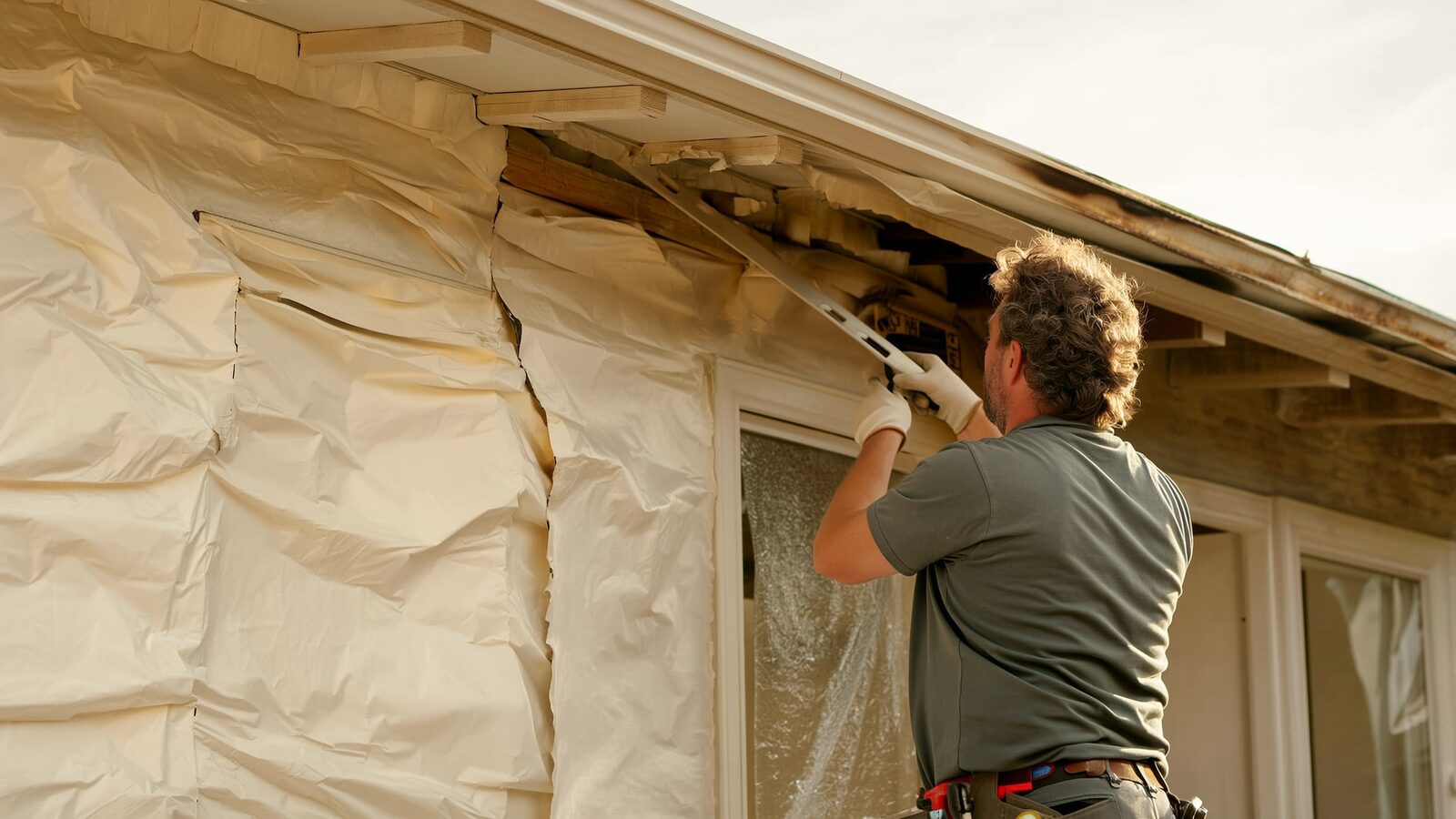 Restoration technician illustrating: Heat damage without flames: melted windows, warped siding, radiant exposure