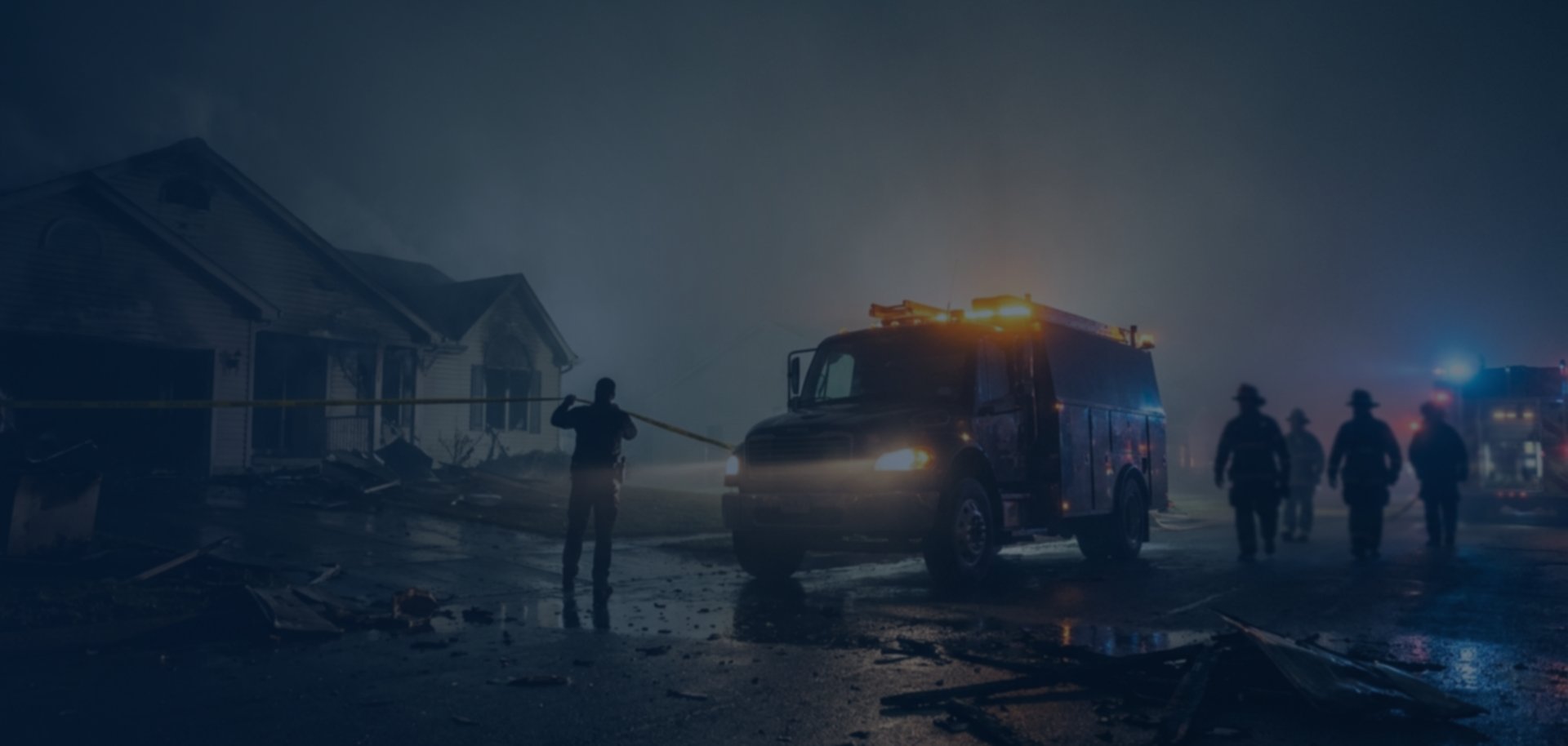 Firefighters and a fire truck responding to a storm and fire damaged home at night in the Phoenix, Arizona area