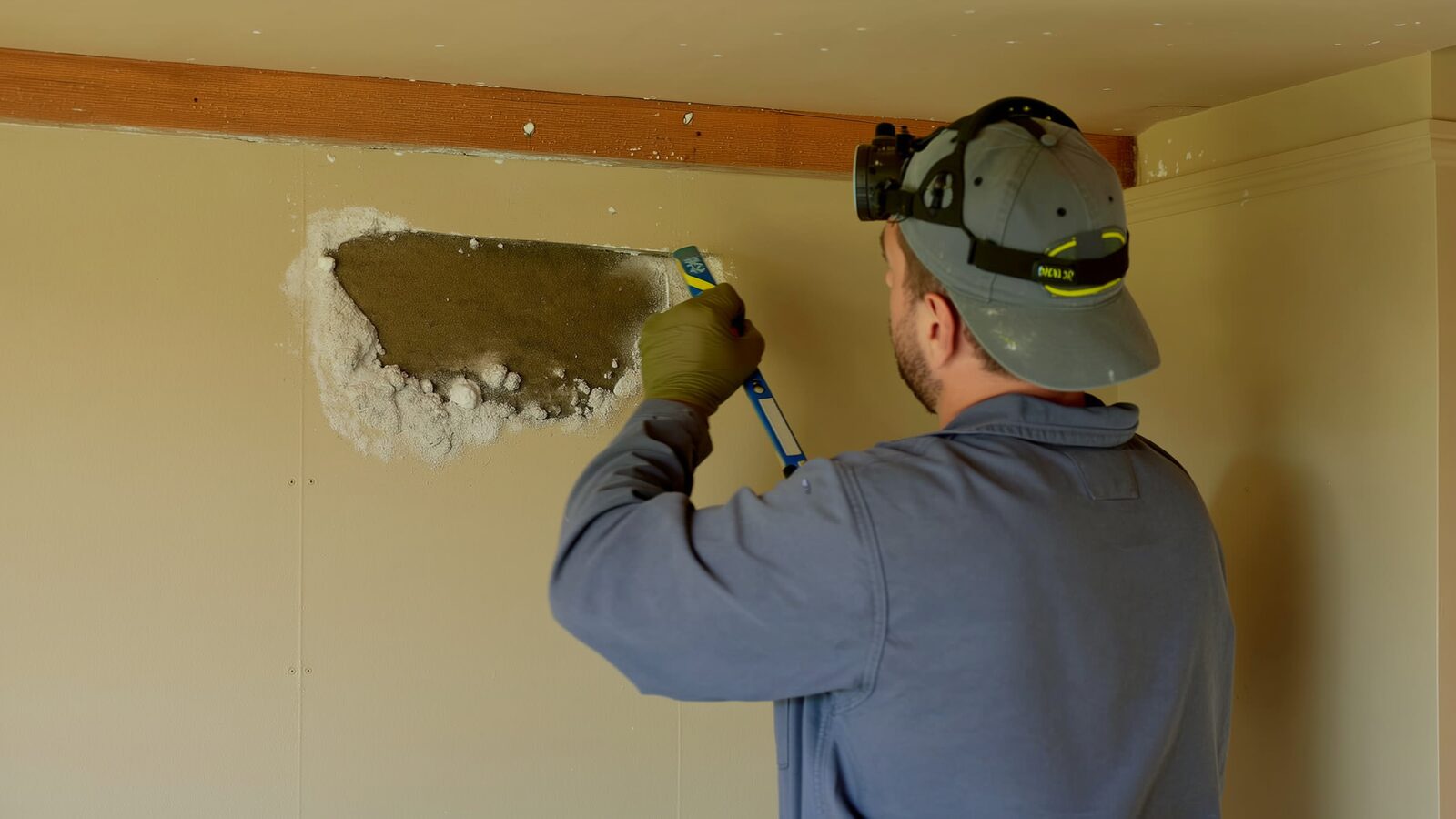 Restoration technician illustrating: How mold grows behind drywall after a water loss