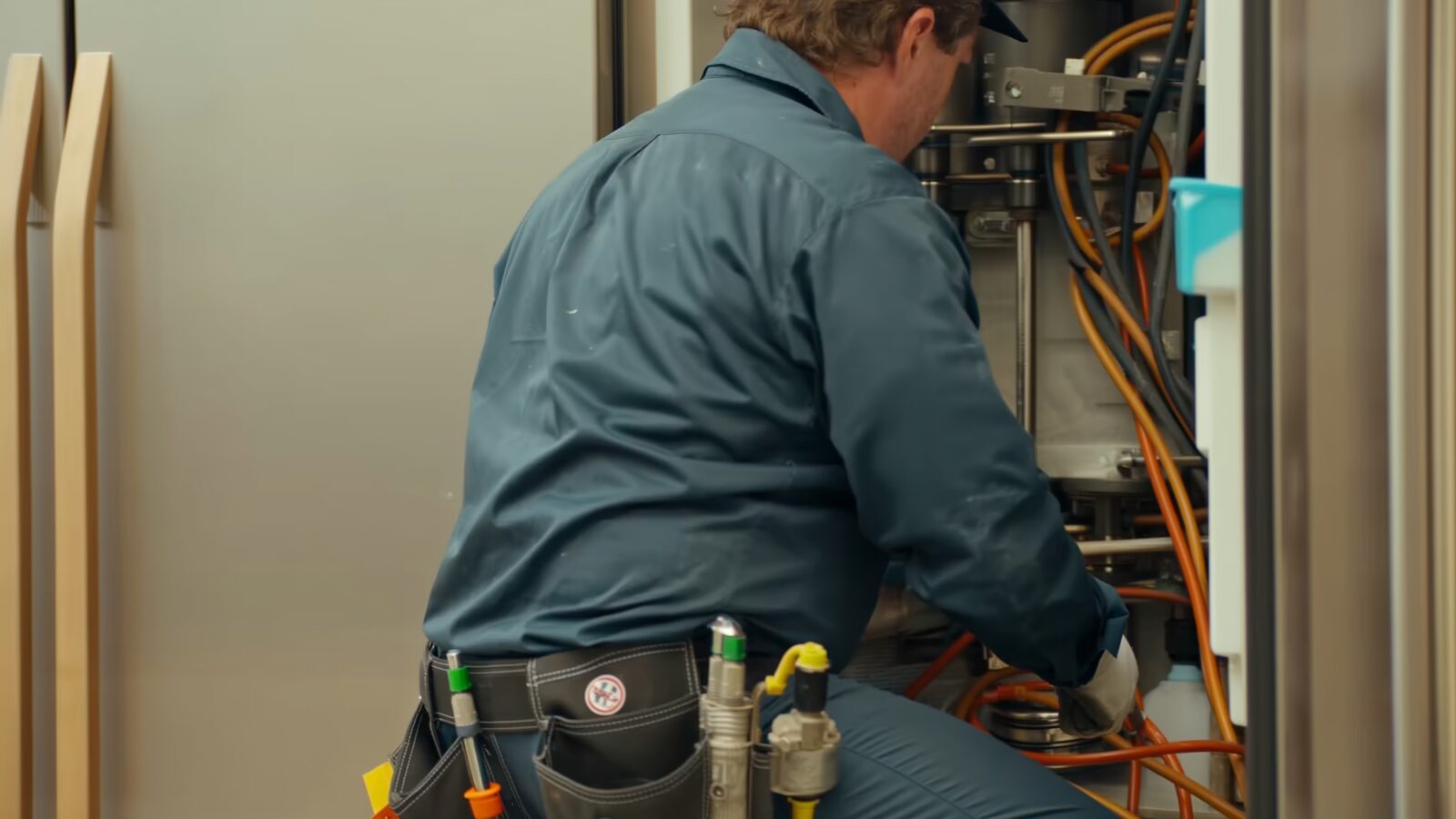 Restoration technician illustrating: Ice maker line leaks behind the refrigerator: why they run for weeks unseen