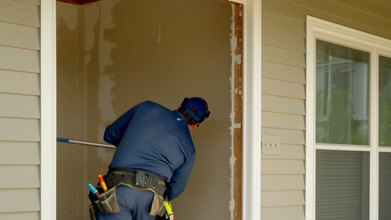 Restoration technician illustrating: Injection drying wall cavities: drying inside walls without full demolition