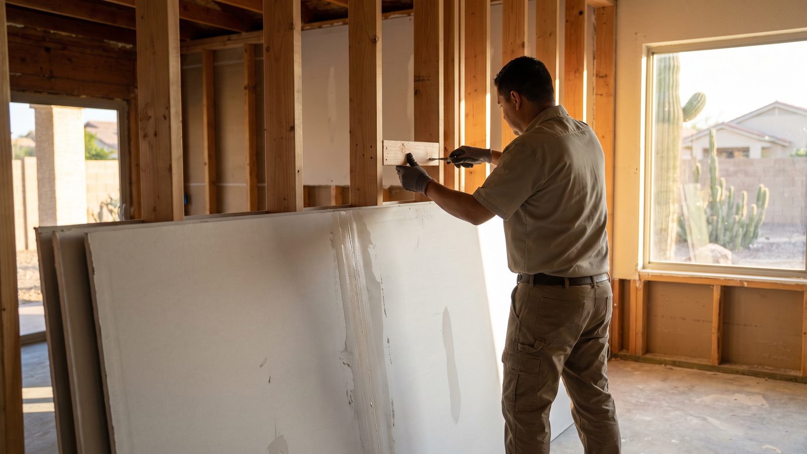 Technician seen from behind fitting a blocking board to fresh stud framing during a rebuild, with new drywall sheets stacked and leaning ready alongside