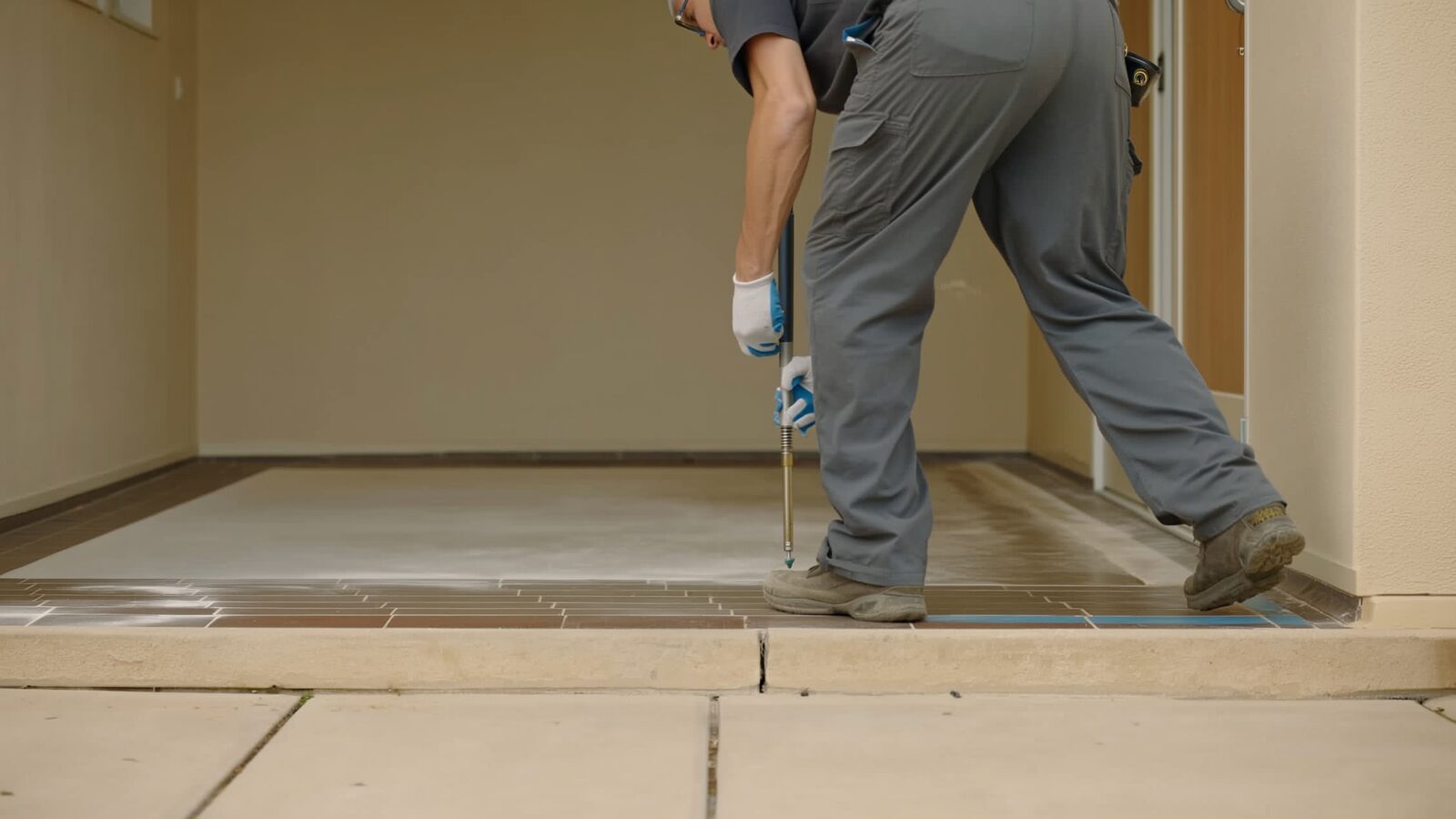 Restoration technician illustrating: The challenge of matching flooring and paint after a partial repair, and how it's usually solved
