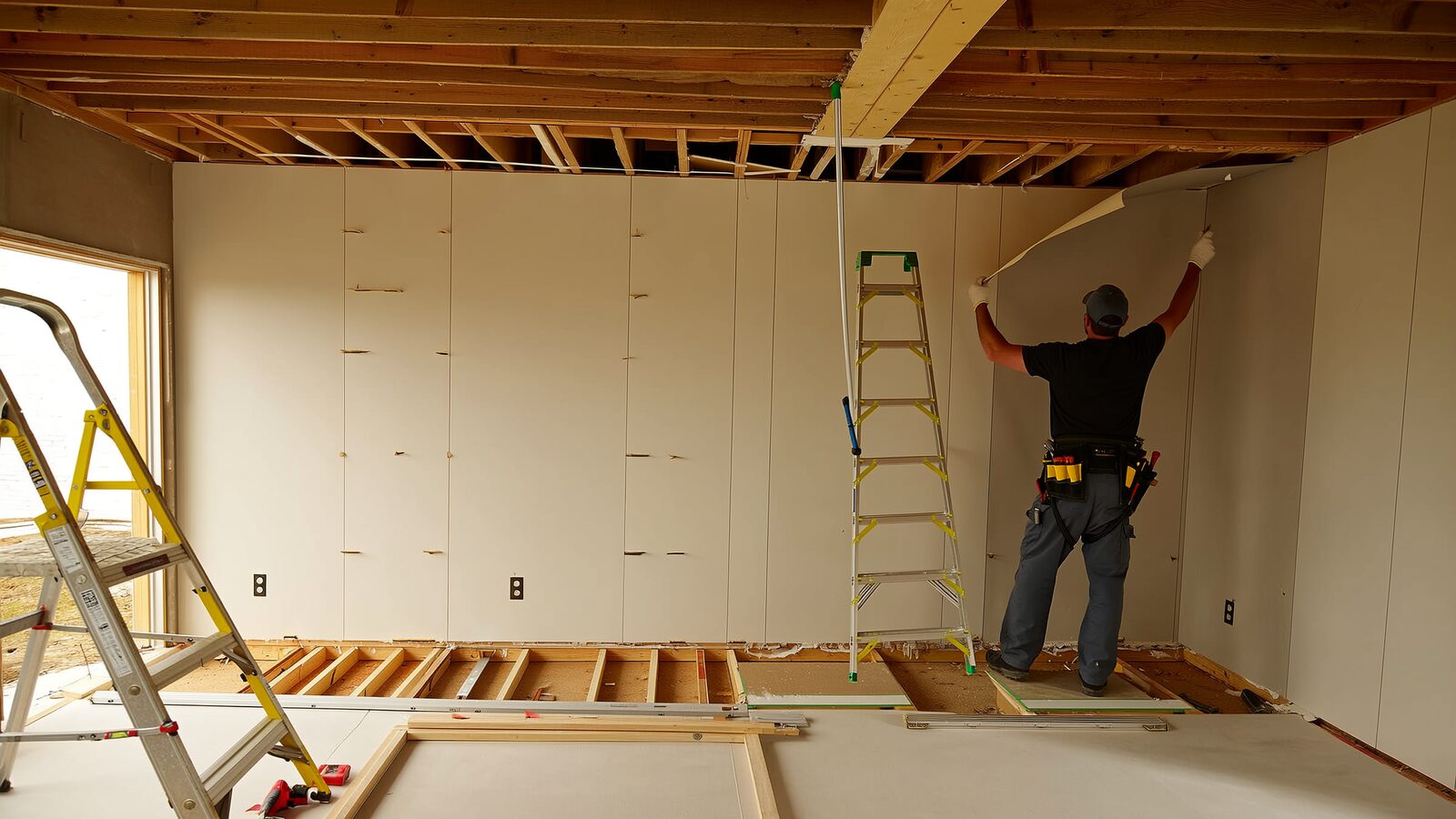 Restoration technician performing reconstruction & rebuild work at a property in Mesa, Arizona