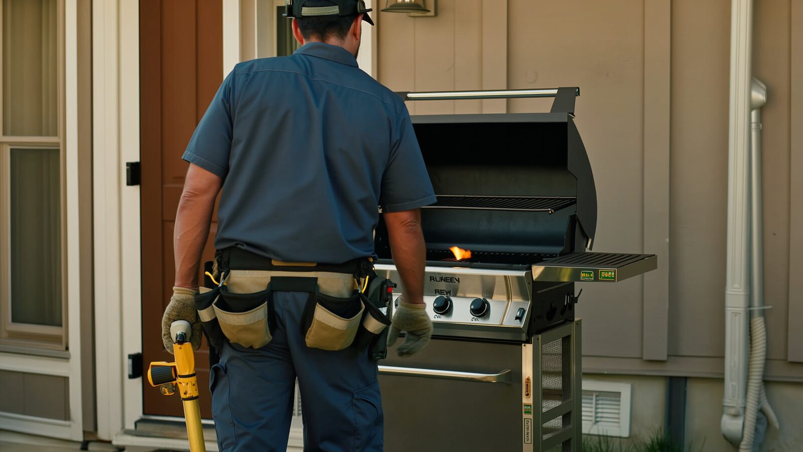Restoration technician illustrating: Outdoor grill and patio fire safety around a home