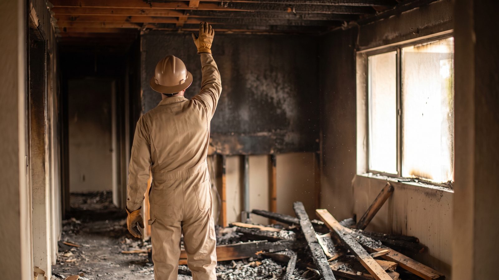 Technician in coveralls and a hard hat, seen from behind, reaching up to inspect charred ceiling framing in a gutted fire-damaged room, with soot-blackened walls and burned timbers piled on the floor