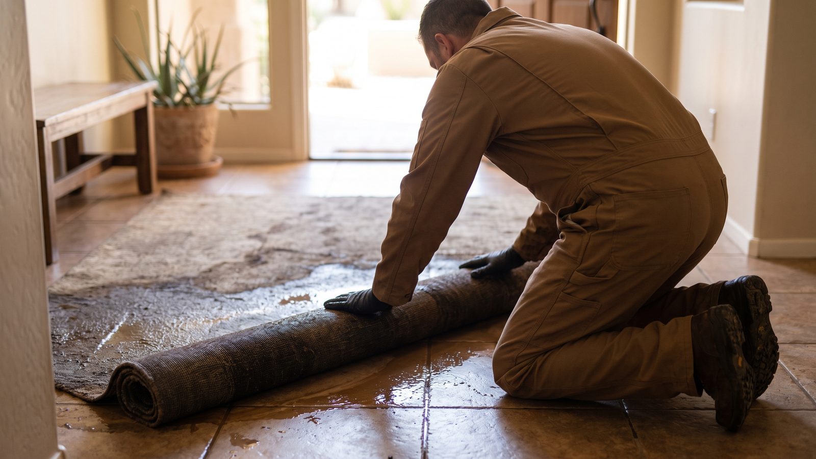 Technician kneeling with his back to the camera to roll back a saturated rug in a tiled entry hall, with standing water pooled across the tile and grout beneath