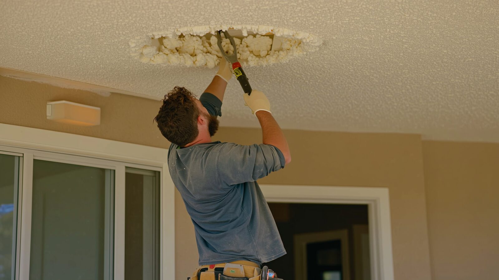 Restoration technician illustrating: Popcorn ceiling removal as part of a repair, and what it involves