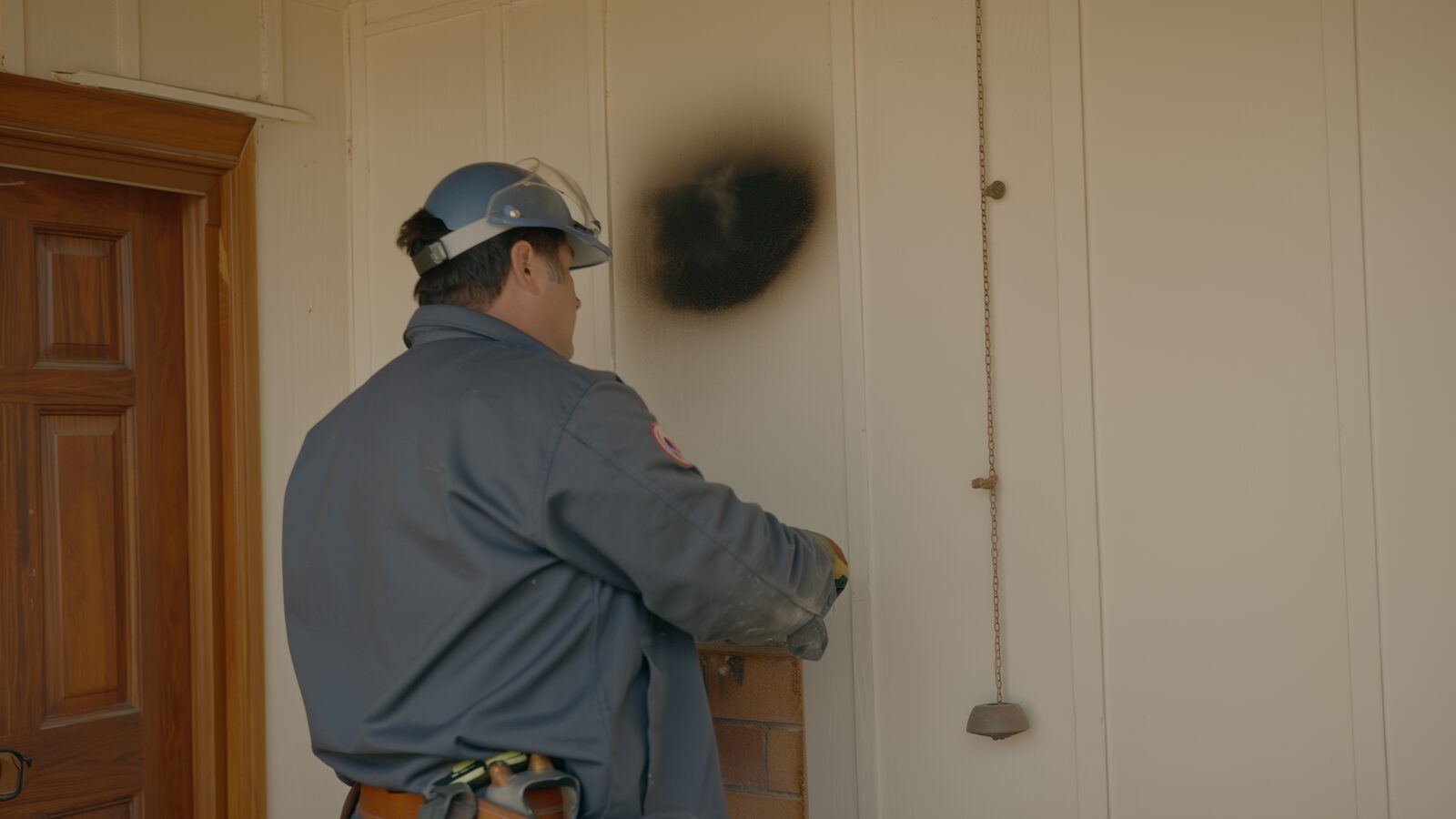 Restoration technician illustrating: What a furnace puffback is and the soot pattern it leaves