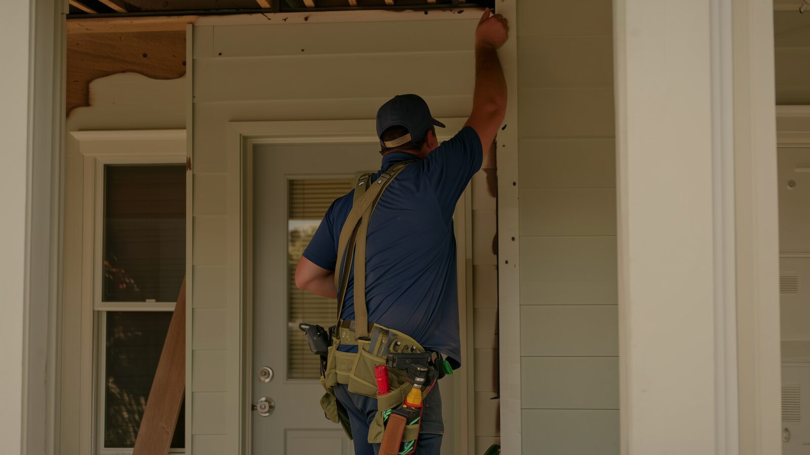 Restoration technician performing fire damage restoration work at a property in Queen Creek, Arizona
