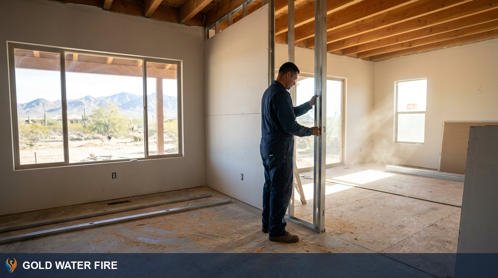 Reconstruction crew framing new interior walls during a residential rebuild
