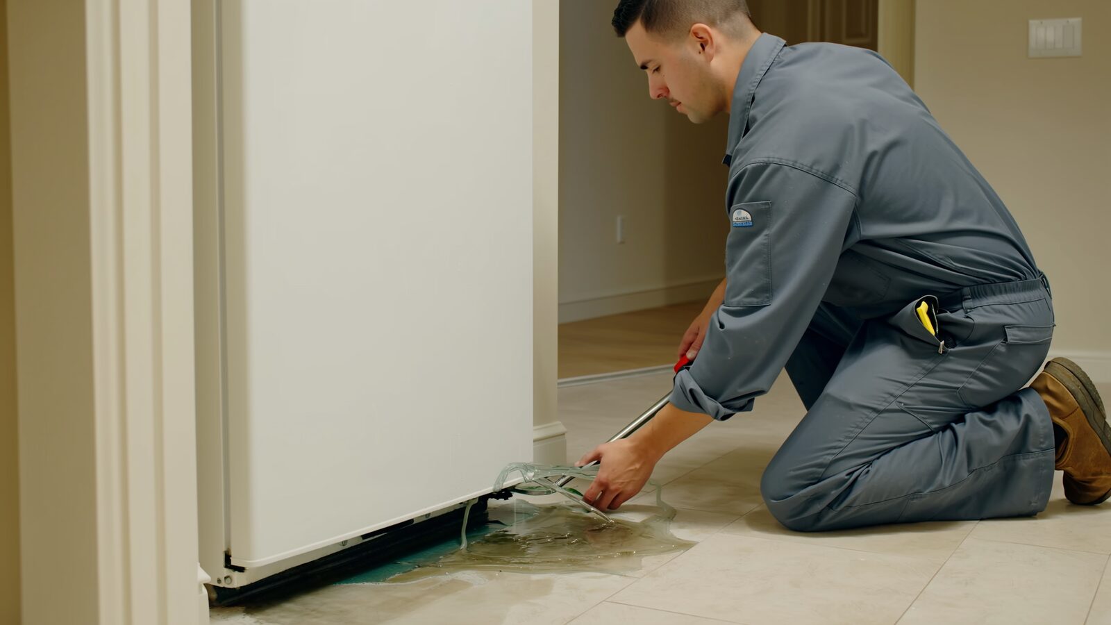 Restoration technician illustrating: How a refrigerator ice maker water line fails slowly, and the floor damage it causes before anyone notices