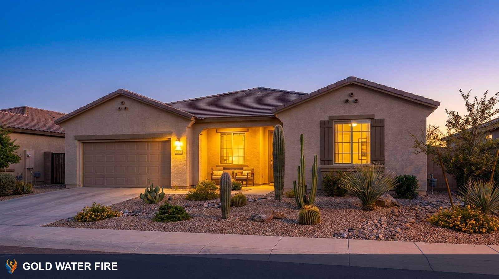 Single-story home in the Phoenix, Arizona metro area at dusk