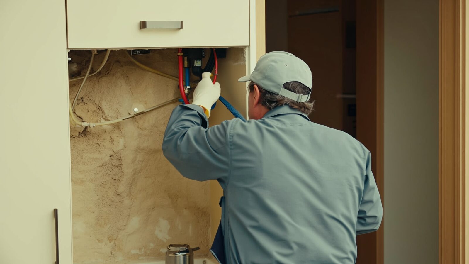 Restoration technician illustrating: Reverse osmosis systems under the sink: small tubing, big cabinet damage