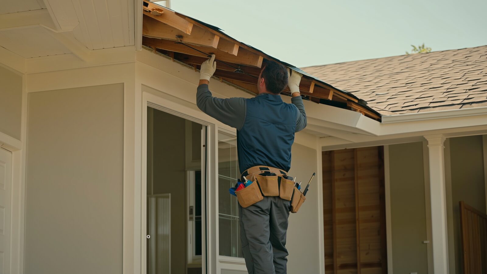 Restoration technician illustrating: Roof repair after storm damage, and how it connects to interior work