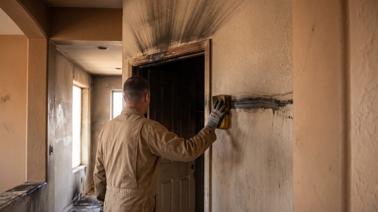 Technician seen from behind sponging a clean streak through heavy soot on a hallway wall, with smoke staining fanned above the scorched door frame