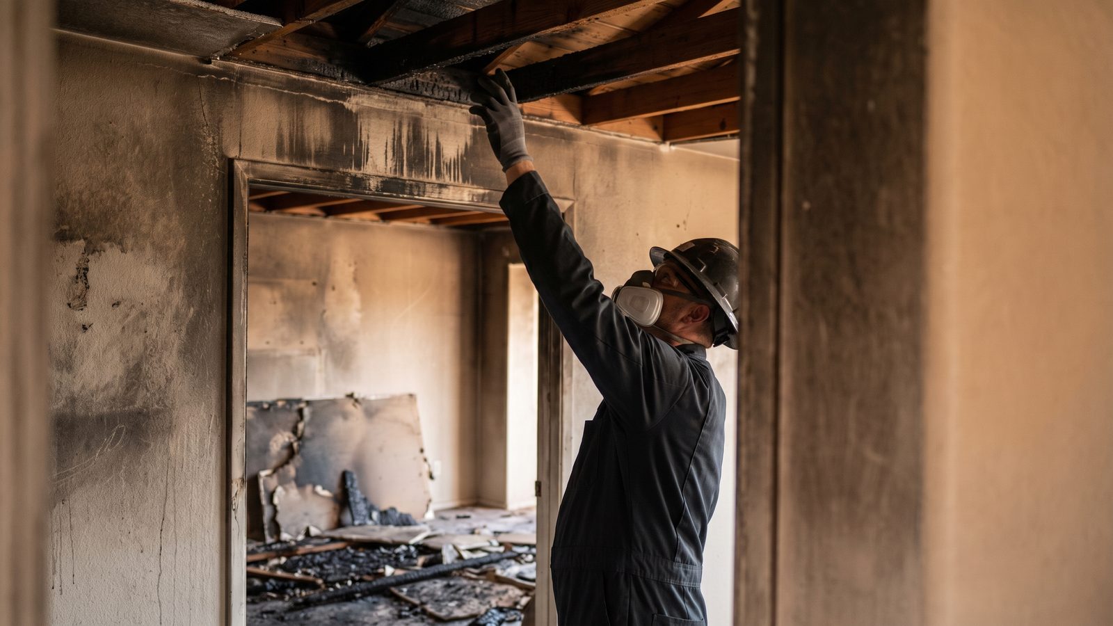 Technician in a respirator and hard hat reaching up to inspect charred ceiling joists above a soot-blackened doorway, with fire debris and collapsed drywall in the room beyond