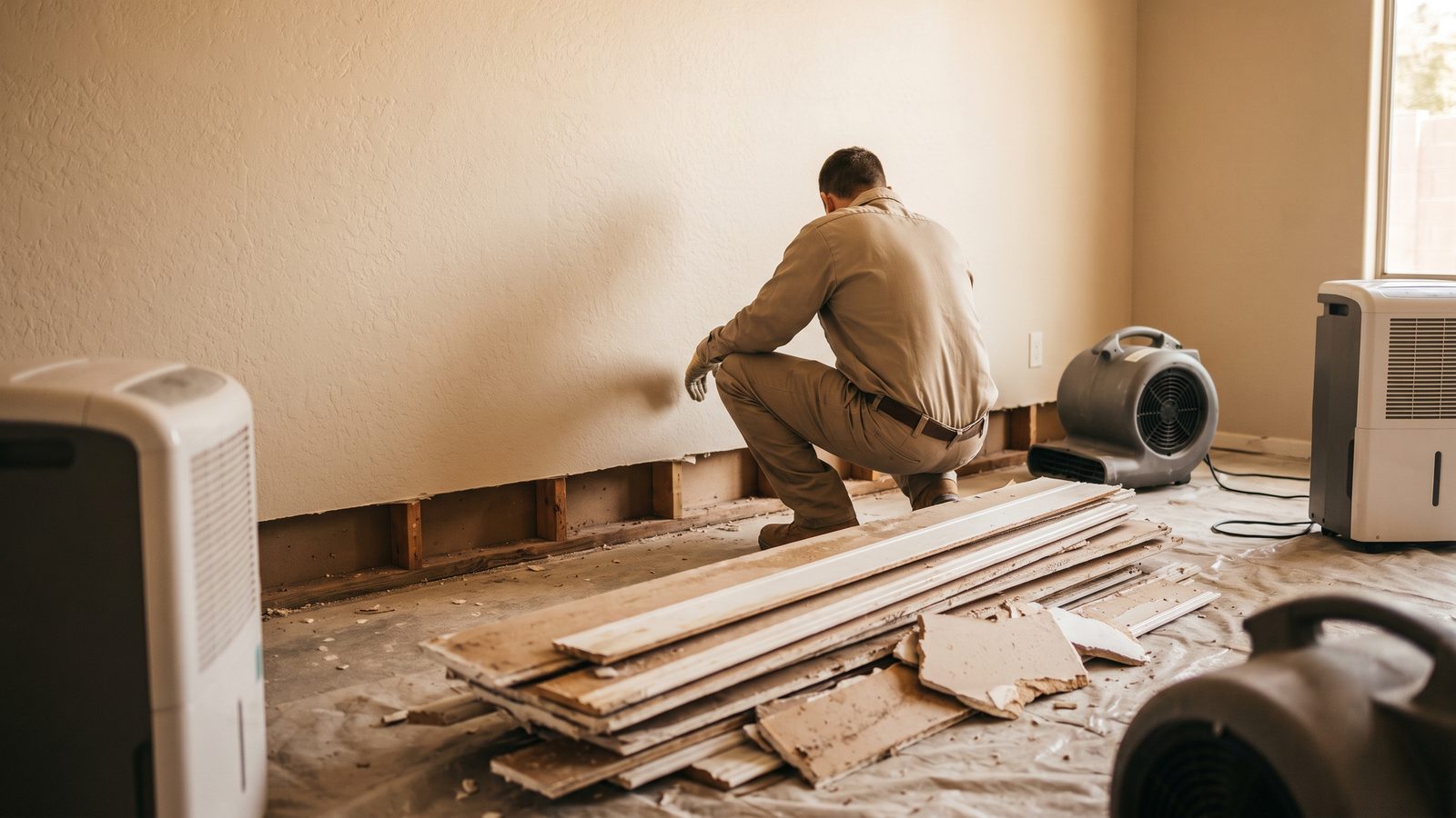 Technician crouching with his back to the camera to check an exposed bottom plate after flood cuts, with removed baseboard stacked on plastic sheeting and air movers and dehumidifiers running