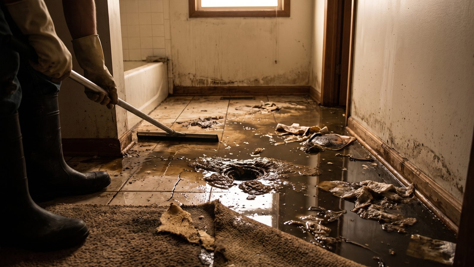 Contaminated dark water from a sewer backup pooled across a bathroom floor and running into hallway carpet, with an overflowed floor drain, sludge and staining up the baseboards, and a technician in rubber boots and gloves pushing the water back with a squeegee