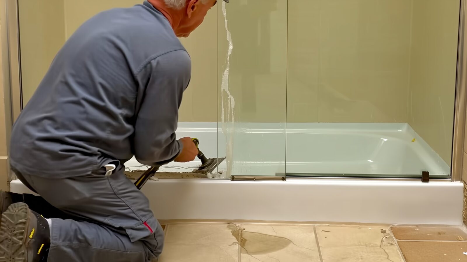 Restoration technician illustrating: Shower enclosure leaks at the glass and curb: small gaps, rotted framing