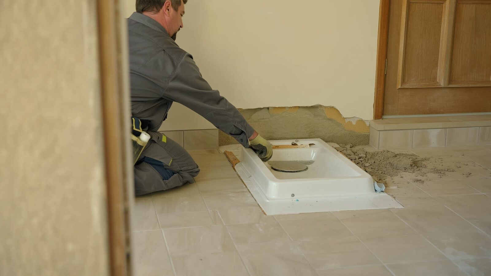 Restoration technician illustrating: The signs of a failing shower pan, and the damage happening under the tile