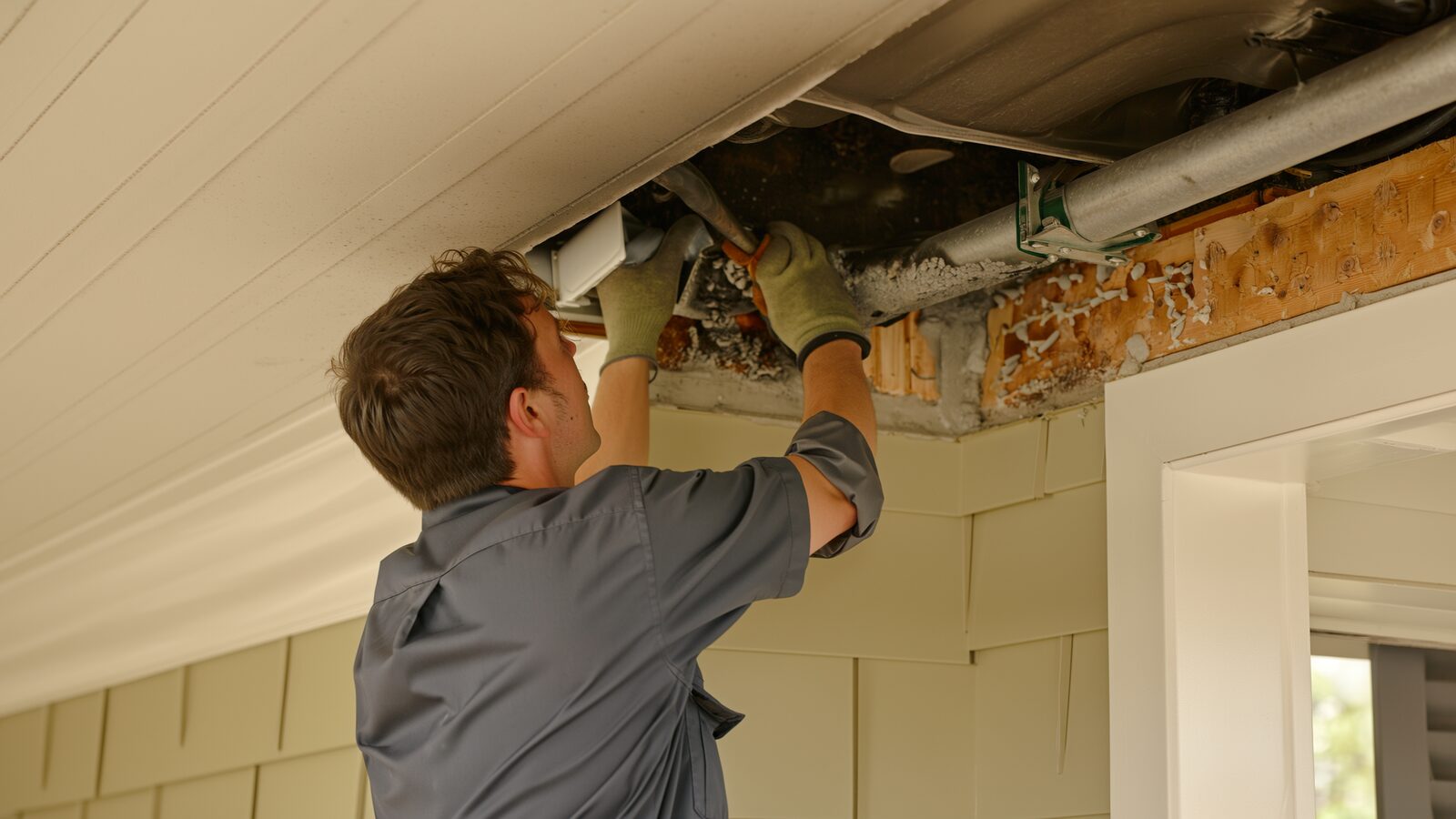 Restoration technician illustrating: Smoke and soot in ductwork after a house fire