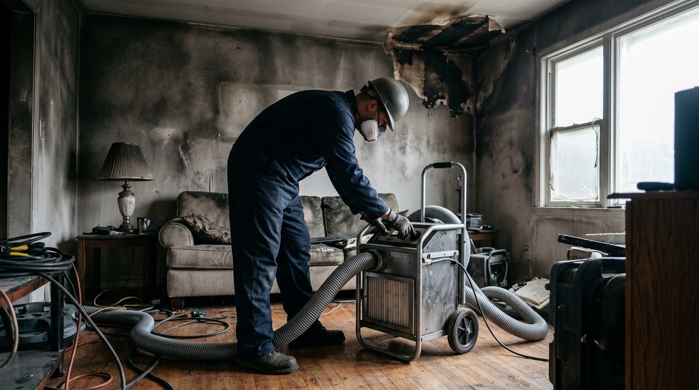 Restoration technician in a respirator operating a portable air scrubber in a room with soot-damaged walls and a scorched ceiling