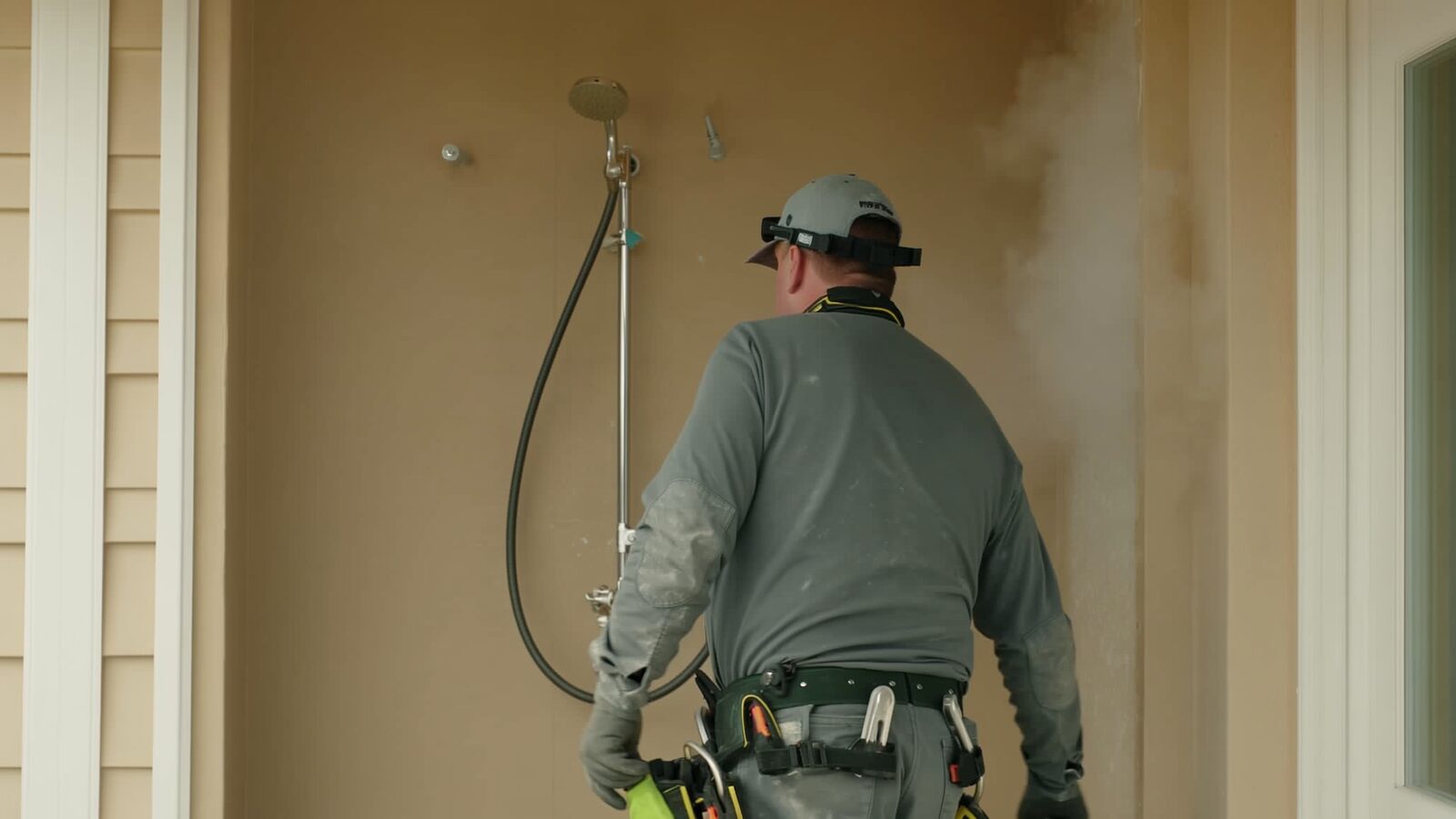 Restoration technician illustrating: Steam showers and moisture management in the walls around them