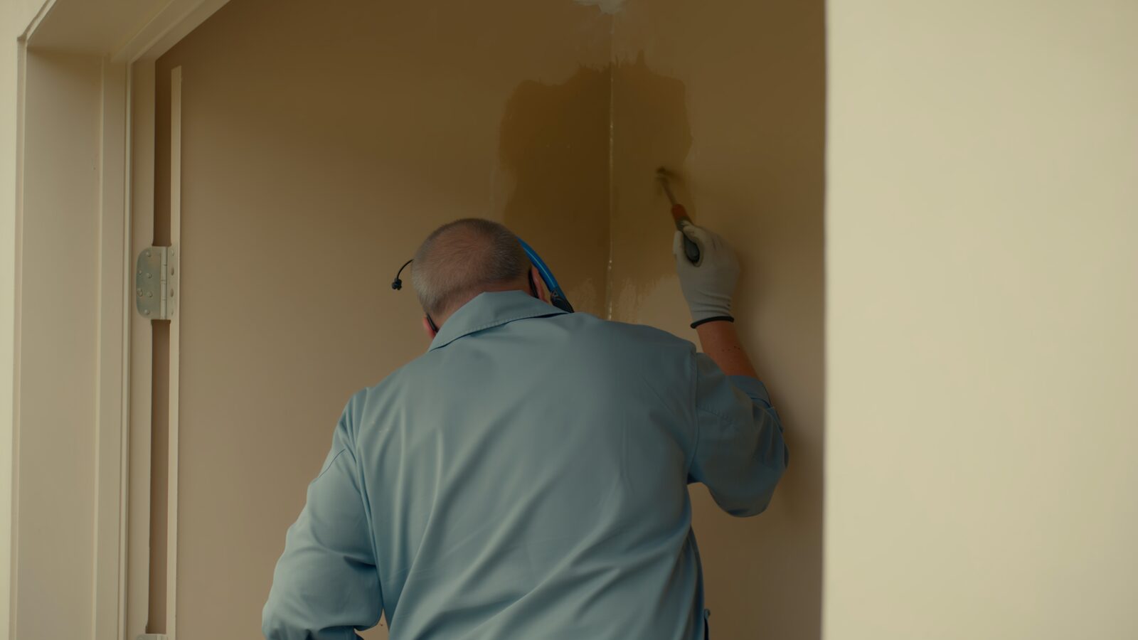 Restoration technician illustrating: Stucco repair after water intrusion, and why the cause is fixed first