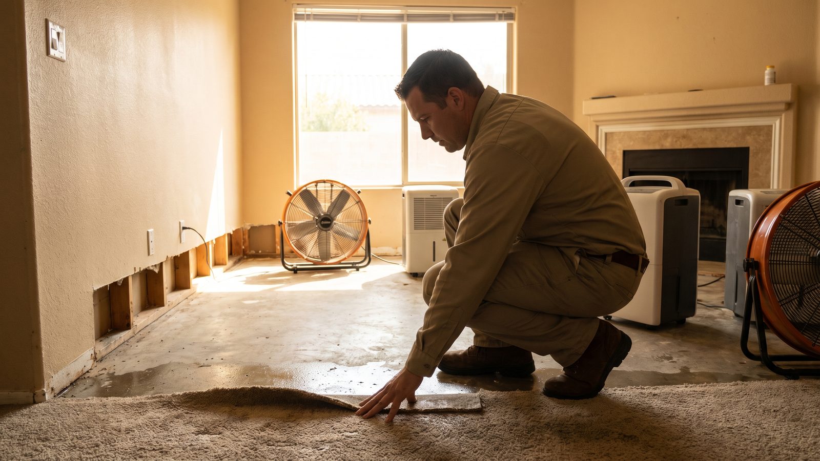Restoration technician kneeling to lift soaked carpet in a sunlit Arizona home, with flood cuts opened along the base of the drywall and air movers and a dehumidifier running in the background
